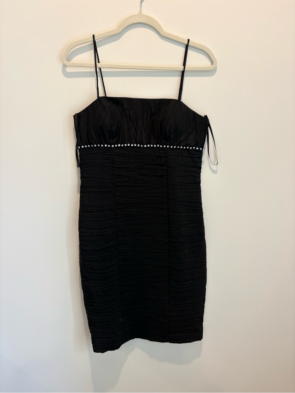 Cachet Black Ruched Spaghetti-Strap Mini Dress with Rhinestone Trim